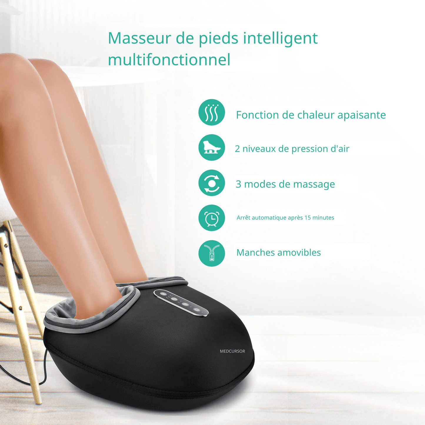 Découvrez le contenu de la boîte du Medcursor Foot Massager : masseur électrique, câble secteur, guide d'utilisation et accessoires. Prêt à l'emploi en quelques secondes pour un massage spa à domicile !