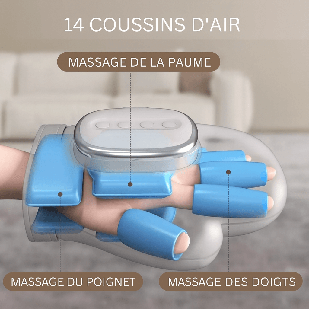 Boutons de contrôle du handrelax : interrupteur marche/arrêt, réglage de la chaleur (3 niveaux) et intensité des vibrations (5 vitesses). Design intuitif pour une utilisation facile.