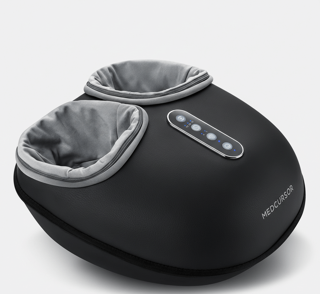 Masseur de pieds électrique FootRelax, noir et gris, avec rouleaux de pétrissage profond et fonction chauffante. Design ergonomique pour envelopper les pieds et cibler les points de pression. 3 modes de massage (Shiatsu, pétrissage, vibration) et 2 niveaux d'intensité. Idéal pour soulager la fatigue, les douleurs plantaires et améliorer la circulation sanguine. Arrêt automatique après 15 minutes pour une utilisation sûre.