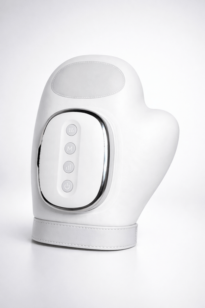 Handrelax électrique pour massage des mains, avec fonction chauffante à 45°C et 3 niveaux de vibrations. Design ergonomique, boutons de contrôle intuitifs et câble USB rechargeable. Soulage les tensions, l'arthrose et la fatigue musculaire. Idéal pour les travailleurs sur écran ou les seniors.