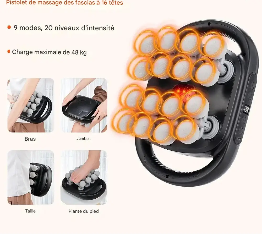 Utilisateur appliquant le pistolet de massage VibRelax Pro sur son épaule pour détendre les muscles après l'entraînement. Technologie de percussion profonde avec 30 niveaux d'intensité réglables. Minuterie automatique de 10 minutes et batterie longue durée (2000 mAh).